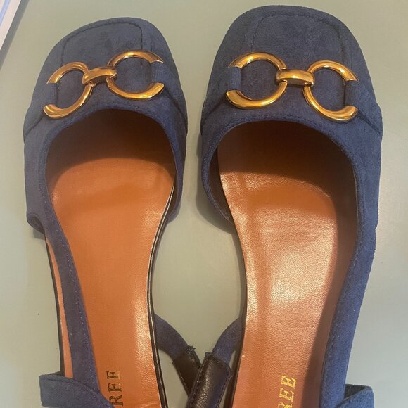 Navy Faux Suede Sling Back Flats with Buckle - Size 10 - BRAND NEW - Picture 2 of 3